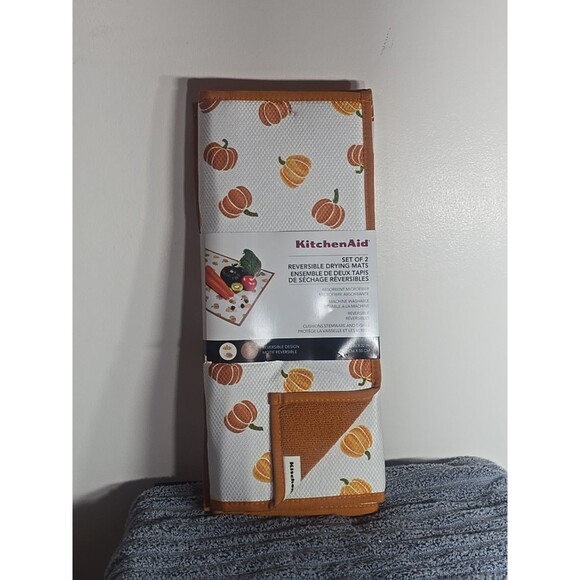 KitchenAid Kitchen Drying Mats FALL PUMPKINS  (2) REVERSIBLE 16X22 - Picture 1 of 8